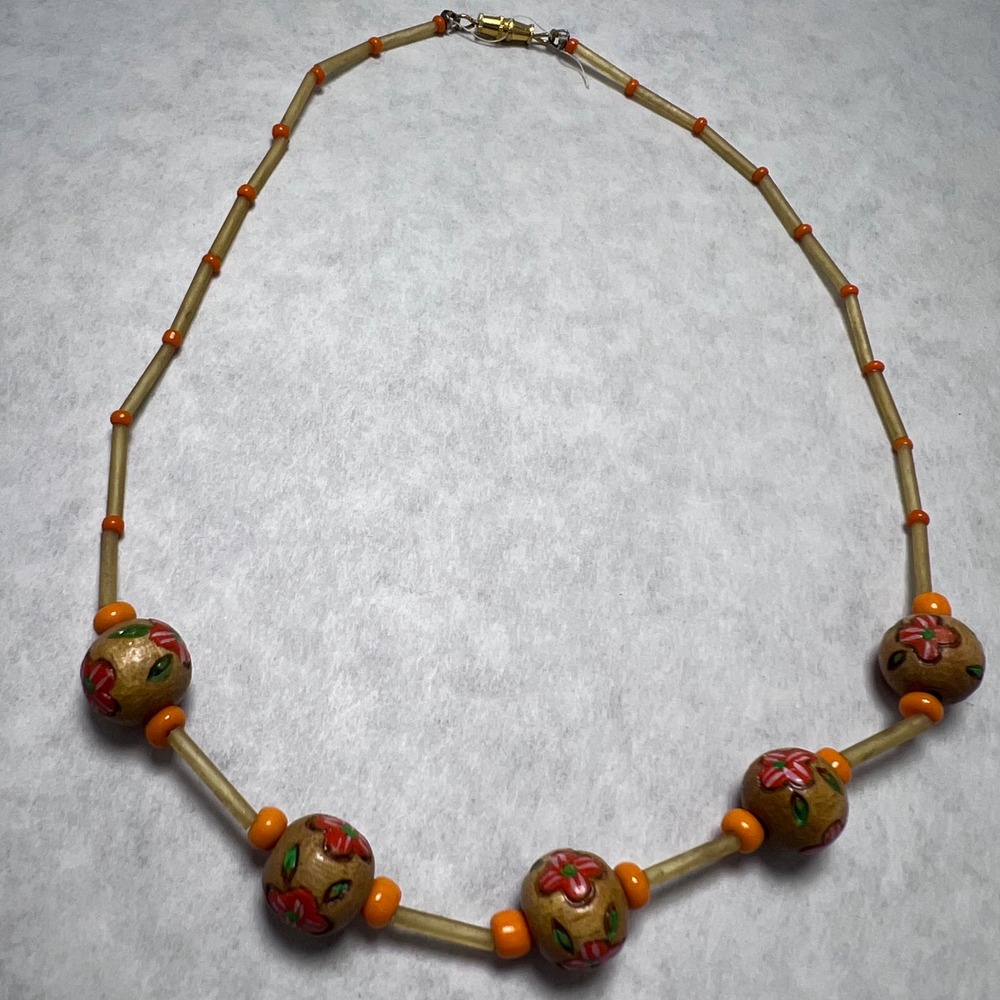 Wooden‎ Bead Necklace Floral Painted Beads Gold Tone Boho Festival Hippie Earthy